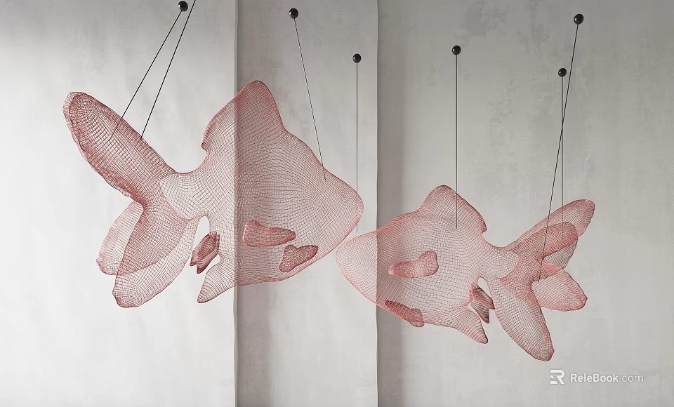 Artistic Red Mesh Goldfish Shaped Pendant Decorative Hanging on White Wall 3d model 
