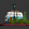 Blue And White Volkswagen Van With Orange Roof Rack Street Lamp Bench Green Bushes