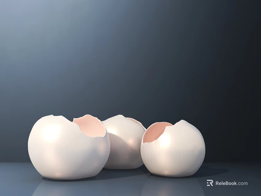 Decorative Ornament Set With Three White Eggshells Broken Parts Revealing Pink Interior On Dark Background 3d model 