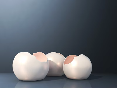 Decorative Ornament Set With Three White Eggshells Broken Parts Revealing Pink Interior On Dark Background 3d model