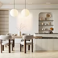 Modern Restaurant Interior With Dining Table Chairs Pendant Lights And Decorative Shelves