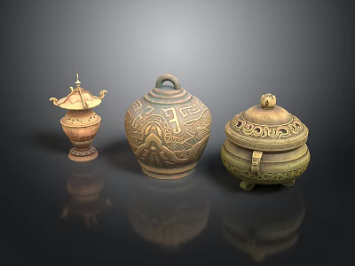 Traditional Carved Ceramic Sculptures Including Pagoda Shaped Handled and Lidded Vessels with Intricate Patterns 3d model