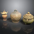 Traditional Carved Ceramic Sculptures Including Pagoda Shaped Handled and Lidded Vessels with Intricate Patterns