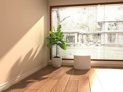 Bright Indoor Corner With Wooden Floor Fiddle Leaf Fig And White Stool Near Venetian Blinds 3d model