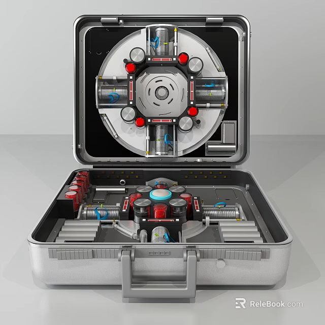 Open Metal Case Containing Portable Weapon with Mechanical Components and Colored Parts 3d model 
