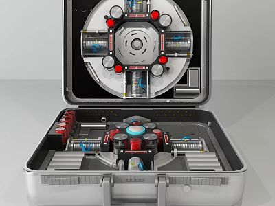 Open Metal Case Containing Portable Weapon with Mechanical Components and Colored Parts 3d model
