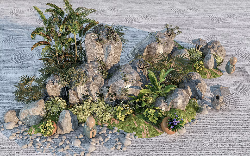 Garden Ornament Arrangement With Rocks Palm Trees Small Plants And Pebbles 3d model 