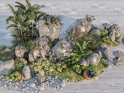 Garden Ornament Arrangement With Rocks Palm Trees Small Plants And Pebbles 3d model