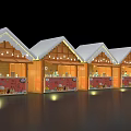 Festive Wooden Market Huts With Snow Covered Roofs Lit Lights And Displayed Goods