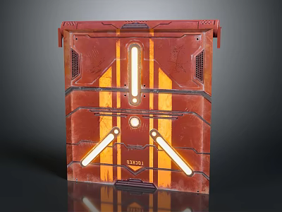 Red Textured Tech Panel With Glowing Lines And Mechanical Device Design 3d model