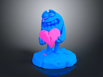 Game And Movie Character Blue Cartoon Figure Holding Pink Broken Heart Standing On Blue Base 3d model