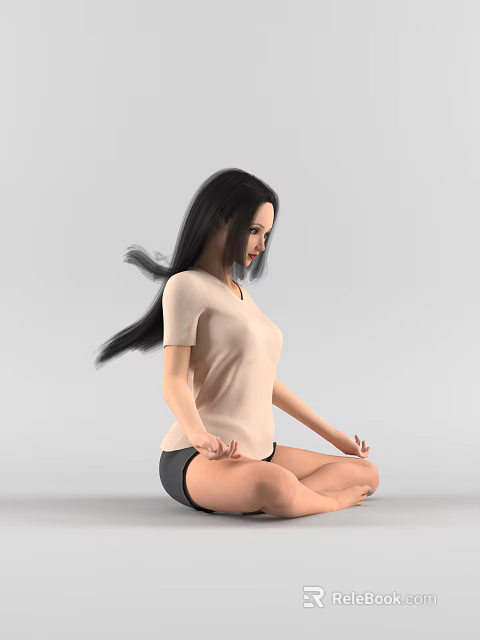 Woman Sitting Cross-Legged With Mudra Hands In Light Colored Top And Dark Shorts 3d model 