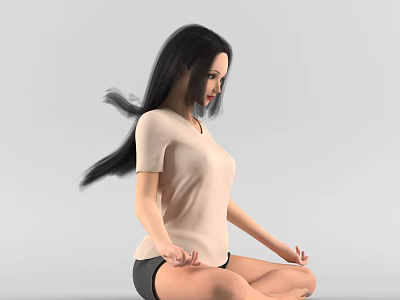 Woman Sitting Cross-Legged With Mudra Hands In Light Colored Top And Dark Shorts 3d model