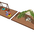 Outdoor Garden Swing Space With Wooden Platform Green Decor Flower Pots And Vine Arch