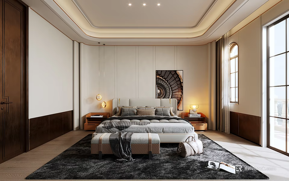 Modern Luxury Bedroom Interior With King Bed Nightstands Soft Rug And Artwork 3d model 