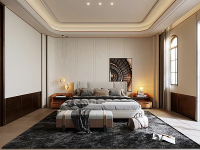 Modern Luxury Bedroom Interior With King Bed Nightstands Soft Rug And Artwork 3d model