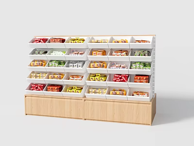 Multi layer Display Shelf With Wooden Base And Colorful Packaged Snacks 3d model