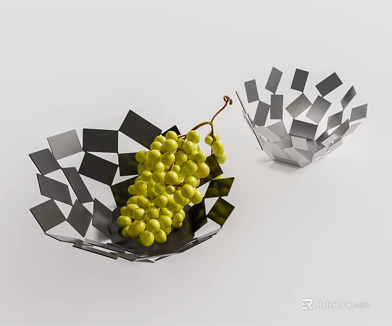 Modern Geometric Ceramic Bowls With Black Silver Finish Holding Green Grapes 3d model 