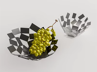 Modern Geometric Ceramic Bowls With Black Silver Finish Holding Green Grapes 3d model