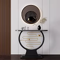 Modern Console Table With Round Mirror Vase And Decorative Ornaments On Tabletop 3d model