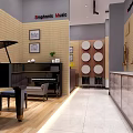 Symphonic Music Store Interior With Grand Piano Display Cabinets And Decorative Wall Art
