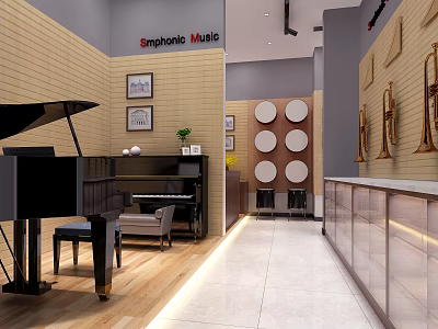 Symphonic Music Store Interior With Grand Piano Display Cabinets And Decorative Wall Art 3d model
