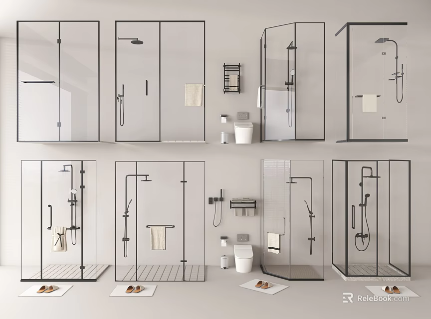 Modern Shower System Collection With Transparent Glass Enclosure Black Frame And Towel Rack 3d model 