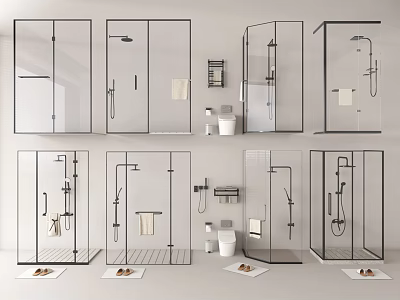 Modern Shower System Collection With Transparent Glass Enclosure Black Frame And Towel Rack 3d model