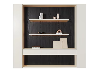Modern Minimalist Bookcase With Wooden Frame Shelves And Drawer Storage Decorative Items 3d model