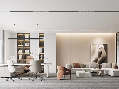 Modern Open Office Interior With Desk Sofa Bookshelf And Decorative Painting 3d model