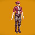 Red Haired Woman In Red Jacket White Top Striped Pants And Boots Against Orange Background