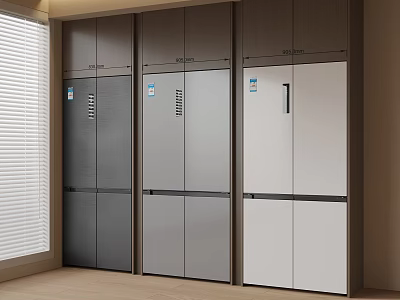 Modern Kitchen Interior Design With Three Gray And White Vertical Refrigerators 3d model
