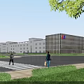Modern Industrial Factory Exterior With Contemporary Design Glass Structure Greenery And Workers Walking