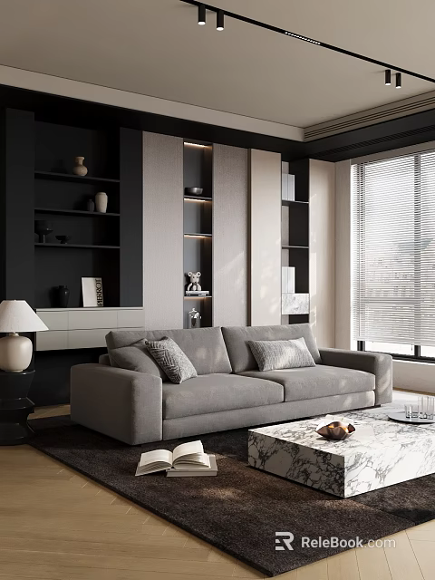 Modern Living Room With Gray Sofa Throw Pillows Coffee Table Window Blinds And Decorative Shelves 3d model 