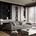 Modern Living Room With Gray Sofa Throw Pillows Coffee Table Window Blinds And Decorative Shelves