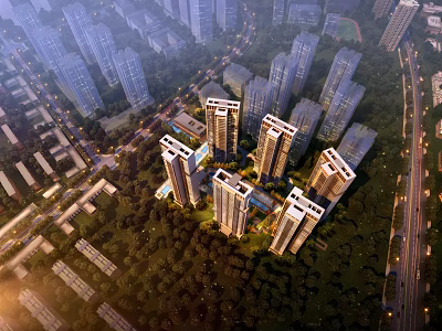 Aerial Planning of Urban Residential District With High Rise Buildings Green Areas and Traffic Routes 3d model