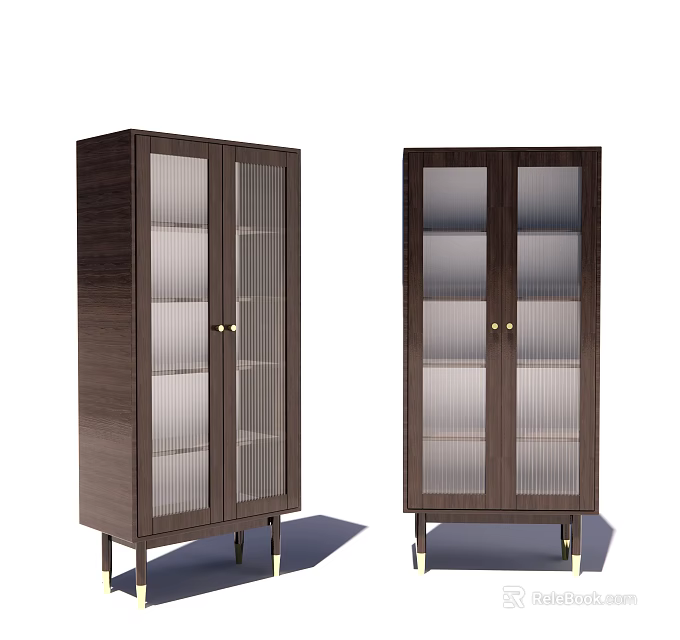 Dark Wooden Wardrobe Design With Glass Doors Vertical Stripes And Metal Legs 3d model 