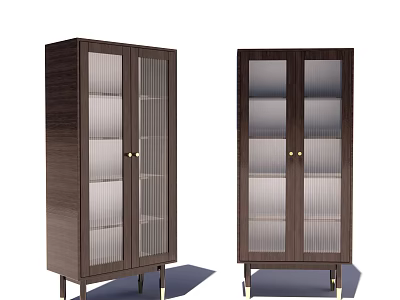 Dark Wooden Wardrobe Design With Glass Doors Vertical Stripes And Metal Legs 3d model