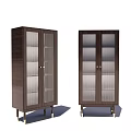 Dark Wooden Wardrobe Design With Glass Doors Vertical Stripes And Metal Legs