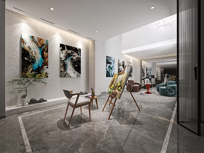 Entertainment Room Interior With Textured Walls Modern Paintings Easel Chairs Potted Plant And Marble Floor 3d model