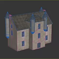 Traditional Stone Castle Building With Gray Roof Turrets Light Colored Walls And Windows