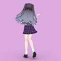 Anime Girl with Long Black Hair Twin Ponytails Purple Shirt Bow Plaid Skirt Lavender Background