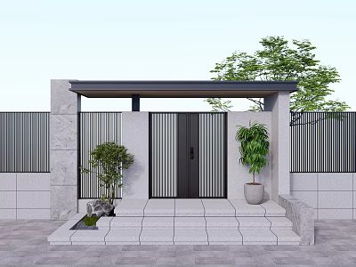 Single Family Villa Entrance With Gate Porch Green Plants And Stone Pavement 3d model