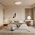 Modern Minimalist Bedroom Interior Design With White Bed Abstract Art And Round Mirror Dresser