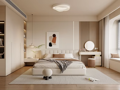 Modern Minimalist Bedroom Interior Design With White Bed Abstract Art And Round Mirror Dresser 3d model