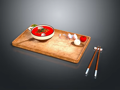 Delicious Red Soup Served on Wooden Tray with Garlic Cloves Red Tomato and Chopsticks 3d model
