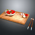 Delicious Red Soup Served on Wooden Tray with Garlic Cloves Red Tomato and Chopsticks