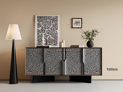 Stylish Entryway Console Cabinet With Unique Pattern Floor Lamp And Decorative Wall Art 3d model