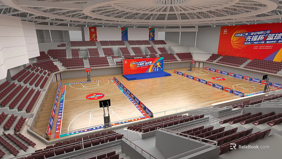 Basketball Arena Interior With Wooden Court Red Seats And Advertising Banners 3d model 