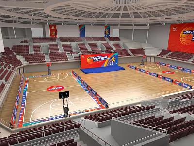 Basketball Arena Interior With Wooden Court Red Seats And Advertising Banners 3d model